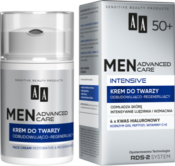 AA Men Advanced Care 50+ krem odbudowująco-regenerujący w butelce i pudełku, widok z przodu.