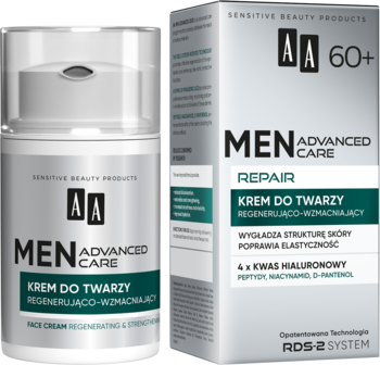 Widok z przodu butelki i pudełka kremu AA Men Advanced Care 60+ Repair regenerująco-wzmacniający.
