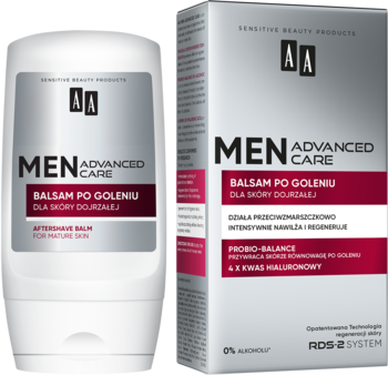 AA Men Advanced Care Balsam Po Goleniu dla skóry dojrzałej w białej tubce i szarym pudełku z czerwonymi akcentami.