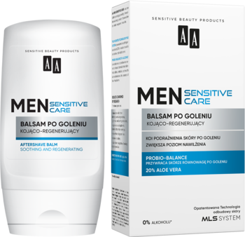 AA MEN Sensitive Care kojąco-regenerujący balsam po goleniu w białej tubce i kartoniku, widok z przodu, 0% alkoholu.