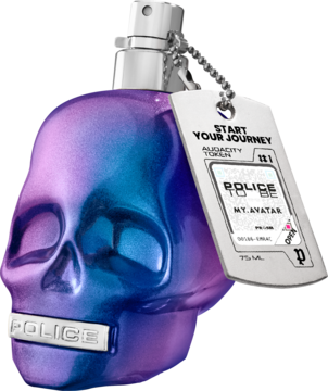Męska woda toaletowa Police To Be My.Avatar w butelce-czaszce, fioletowo-niebieska, z metaliczną zawieszką 75 ml.