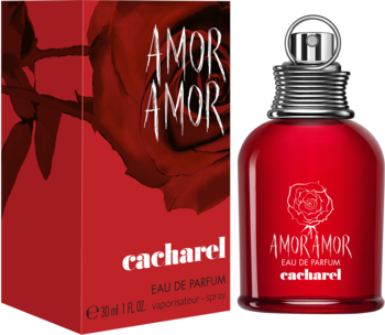 Cacharel Amor Amor woda perfumowana 30ml, czerwona butelka z różą i pudełko obok, widok z przodu.