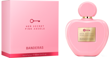 Banderas Her Secret Pink Absolu woda perfumowana. Różowa butelka serce, złota etykieta z kluczem, obok pudełko.
