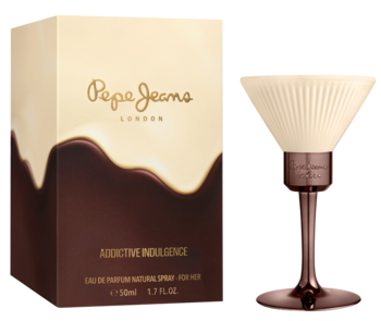 Pepe Jeans Additive Indulgence woda perfumowana 50ml, pudełko z czekoladowym motywem i flakon-kieliszek.