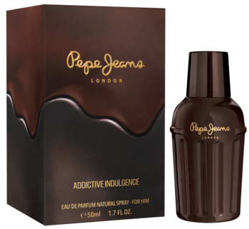 Męska woda perfumowana Pepe Jeans London Addictive Indulgence. Czekoladowa butelka babeczka i pudełko, widok z przodu.