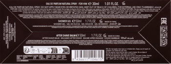 Tył ciemnego opakowania zestawu Pepe Jeans London Addictive Indulgence dla mężczyzn: woda, żel, balsam po goleniu, kod.