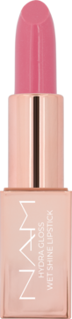 Błyszcząca pomadka NAM Hydra Gloss Wet Shine w odcieniu różu, z wysuniętym sztyftem, w rose gold obudowie.