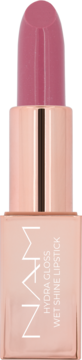 NAM Hydra Gloss Wet Shine Lipstick, upright, rose gold case, glossy mauve-pink bullet, front-facing view.