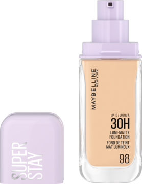 Maybelline Super Stay Lumi-Matte, beżowy podkład w szklanej butelce z fioletową pompką i częściowo zdjętą zakrętką.