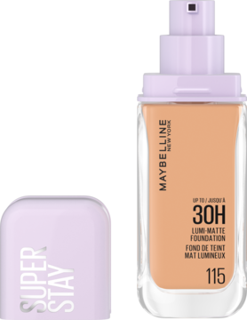 Beżowy podkład Maybelline Super Stay Lumi-Matte 115 w szklanej butelce z fioletową pompką, z boku wieczko.