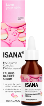 Isana Calming Barrier Serum z ceramidami i niacynamidem, brązowa butelka i różowe pudełko, widok z przodu.