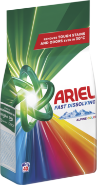 Ariel Fast Dissolving proszek do prania Alpine Colors, torba zielono-wielokolorowa, widok z przodu pod kątem.