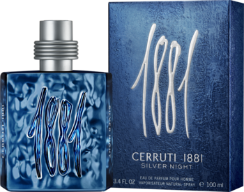 Cerruti 1881 Silver Night męskie perfumy, niebieska butelka z wypukłym wzorem i srebrno-niebieskie pudełko.