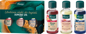 Kneipp zestaw prezentowy 3 olejków do kąpieli: czerwony, żółty, niebieski. W zielonym pudełku, widok z przodu.