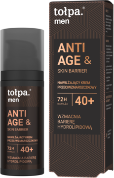 Tołpa Men Anti Age & Skin Barrier 40+ krem w czarnej butelce i dopasowanym kartoniku obok, widok z przodu.