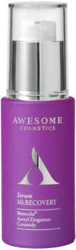 Regenerujące serum Mi:RECOVERY Awesome Cosmetics z Bioecolią w fioletowej butelce z pompką, widok z przodu.