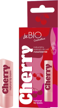 BeBIO Cherry naturalny balsam do ust w różowej tubce i opakowanie z wiśniami, różowo-czerwone, widok z przodu.
