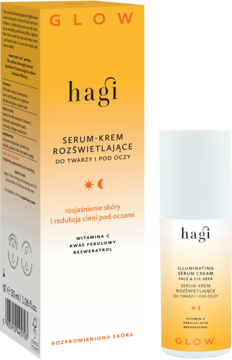 Hagi Glow rozświetlające serum-krem z witaminą C, butelka 50ml i opakowanie na żółtym tle, widok pod kątem.