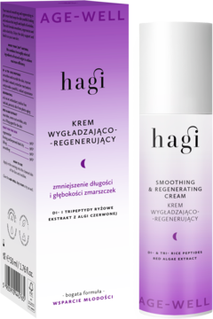 Hagi Age-Well wygładzająco-regenerujący krem w białej butelce z purpurową etykietą, obok purpurowego pudełka. Widok z przodu.