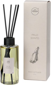 Patyczki zapachowe Palo Santo Aroma Home 150 ml, butelka z czarnymi patyczkami i pudełko na białym tle.