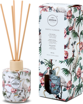 Dyfuzor Aroma Home Exotic Flowers z patyczkami, butelka i pudełko z kwiatowo-ptasim wzorem, widok z przodu.