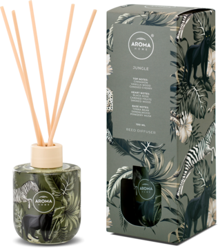 Aroma Home Patyczki zapachowe Jungle, 100 ml, zielona butelka z beżowymi trzcinami i pudełko z motywem dżungli.