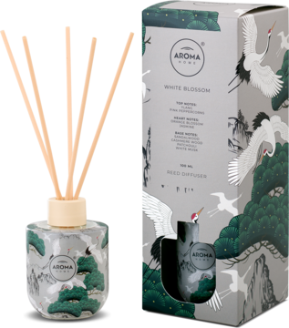 Patyczki zapachowe Aroma Home White Blossom 100ml. Dyfuzor i pudełko z wzorem drzew i żurawi, widok z przodu.