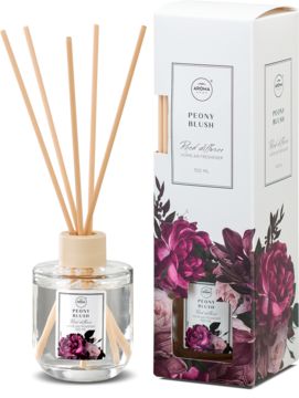 Aroma Home Peony Blush: szklany flakon patyczków zapachowych 100ml z patyczkami i pudełko z motywem piwonii.