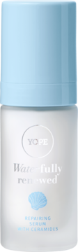 Yope Waterfully Renewed, serum naprawcze z ceramidami, biała butelka z błękitną pompką, widok z przodu.