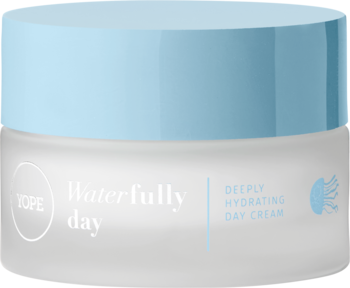 Yope Waterfully Day Cream, głęboko nawadniający. Biały, matowy słoiczek z jasnoniebieską nakrętką, widok z przodu.
