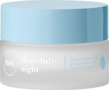 Yope Waterfully night głęboko nawadniający krem na noc, w matowym słoiku z niebieską pokrywką, widok z przodu.