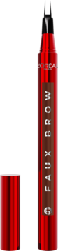 Czerwony pisak do brwi L'Oréal Faux Brow z precyzyjną końcówką i odkręconą nakładką, widok z przodu.