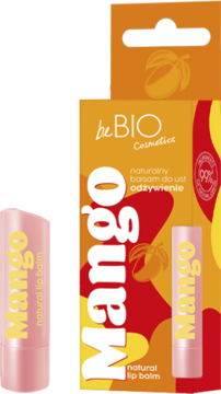 Naturalny balsam do ust BeBIO Mango w różowej tubce, obok pomarańczowe opakowanie z grafiką mango, widok z przodu.
