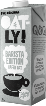 Oatly Barista Edition 1L oat drink carton, angled, with cup graphic and "Totally vegan" label.