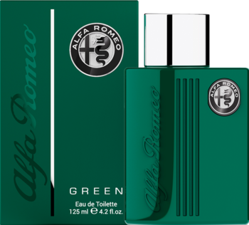 Ciemnozielona butelka Alfa Romeo Green Eau de Toilette 125ml obok pasującego pudełka z logo.