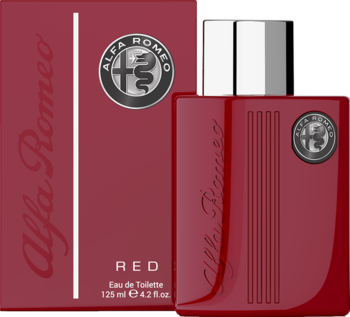 Alfa Romeo Red, męska woda toaletowa w czerwonej butelce z logo i pasującym pudełkiem, widok lekko z boku.