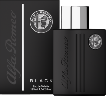 Męska woda toaletowa Alfa Romeo Black 125ml. Czarna butelka i pudełko z logo, srebrny korek, elegancki zapach.