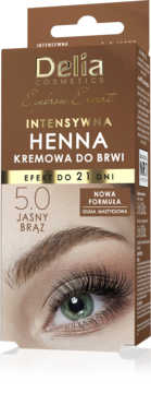 Delia Eyebrow Expert Henna 5.0 Jasny Brąz. Kremowa henna do brwi w brązowym pudełku, widok z przodu, z okiem.