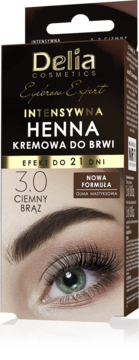 Delia Eyebrow Expert henna kremowa do brwi 3.0 Ciemny Brąz, opakowanie z modelem oka, efekt do 21 dni.