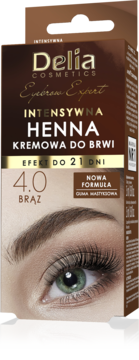 Delia Eyebrow Expert kremowa henna 4.0 Brąz. Brązowe opakowanie z okiem i brwią.