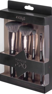 Zestaw KillyS Makeup PRO: czarne pędzle do makijażu z miedzianymi detalami w eleganckim pudełku, widok z przodu.