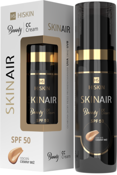 Czarny Hiskin Skinair Beauty CC Cream SPF 50, odcień ciemny beż, butelka i białe pudełko, widok pod kątem.