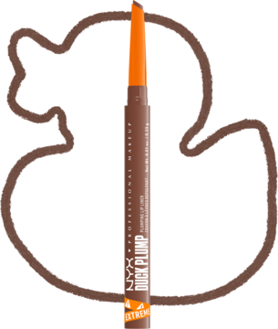 Brązowa konturówka NYX Duck Plump Lip Liner z pomarańczową końcówką rysuje brązową kaczkę na czarnym tle.