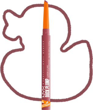 Konturówka NYX Duck Plump w odcieniu Pinkjection, pionowo, z różowo-brązowym wkładem, otoczona rysunkiem kaczki.