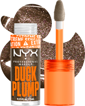 NYX Duck Plump błyszczyk powiększający usta, odcień Onyx-Pected brązowy z brokatem, z aplikatorem i etykietą.