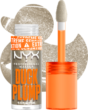 Błyszczyk NYX Duck Plump Quazy Silver, otwarta tuba z pomarańczową etykietą i aplikator obok na tle brokatu.