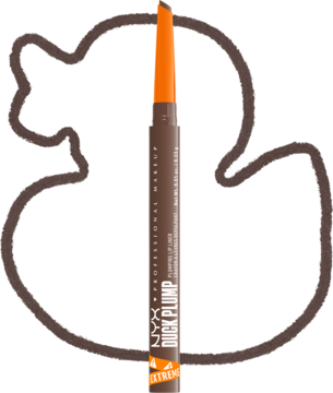 NYX Duck Plump Plumping Lip Liner Touch Up Taupe, brązowa z pomarańczową końcówką, na tle brązowej linii kaczki.