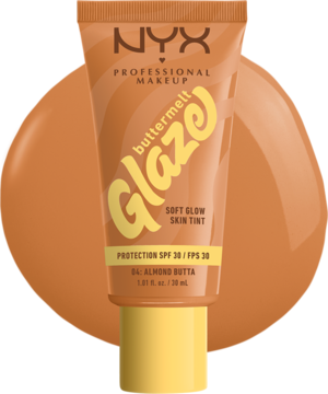 Tint do twarzy NYX Buttermelt Glaze Almond Butta SPF 30 w pomarańczowej tubce z żółtym napisem, widok frontalny.