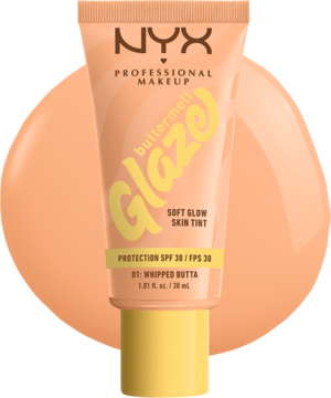 NYX Buttermelt Glaze Soft Glow Skin Tint SPF 30, odcień Whipped Butta, w brzoskwiniowej tubce z żółtym napisem.