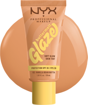NYX Buttermelt Glaze Soft Glow Skin Tint SPF 30, beżowa tubka z żółtym napisem, odcień Vanilla Bean Butta.